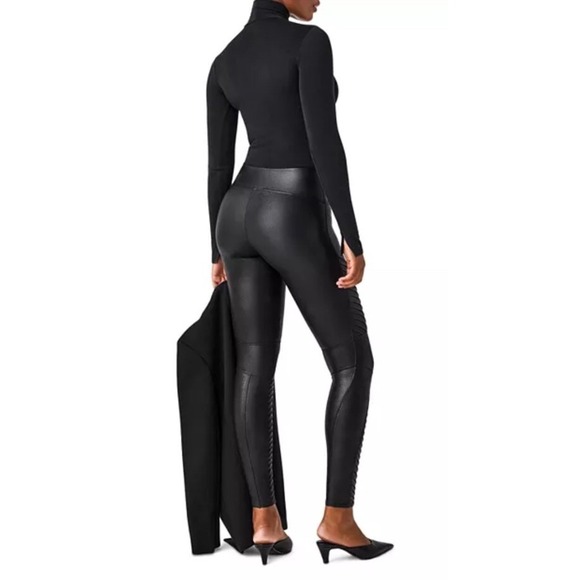 SPANX Faux Leather Moto Leggings Black Shaping Slimming‎ Stretch Womens M - Picture 2 of 16